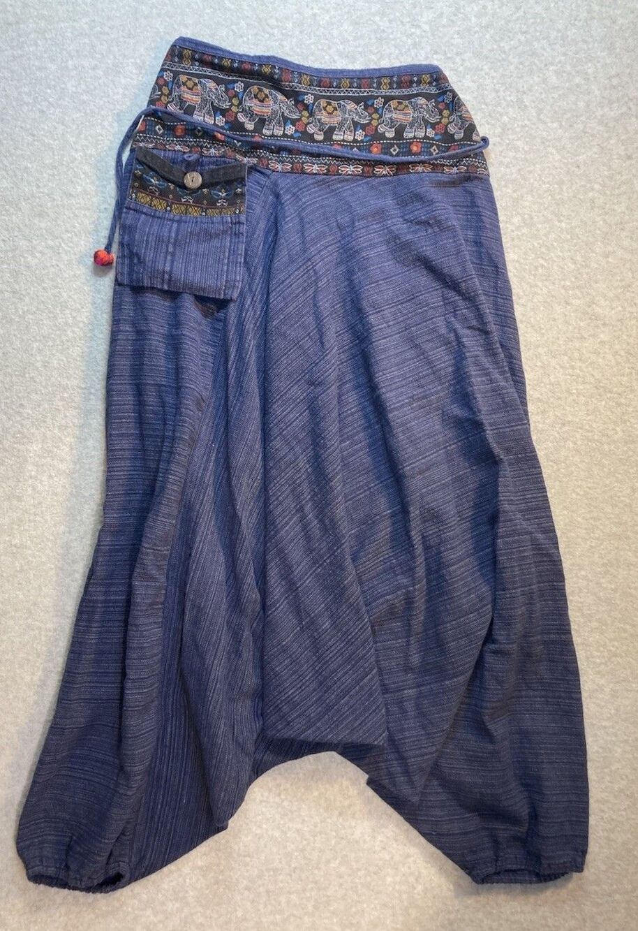 Harem Pants W Sz S/M 100% Cotton Ninja Style Elephant Blue Festival Comfort Boho